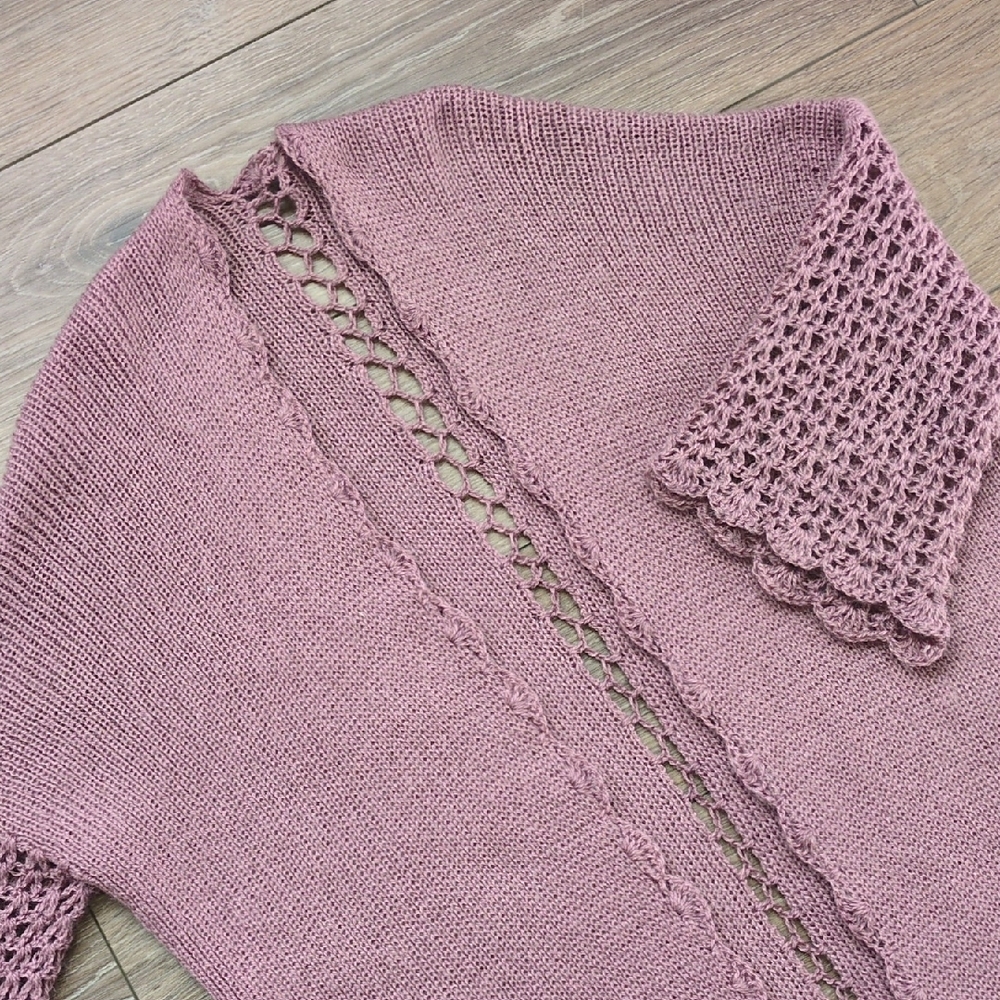 Handmade Knit Long Open Front Cardigan Sweater - Pink w/ Fringe & Open Knit‎ - L